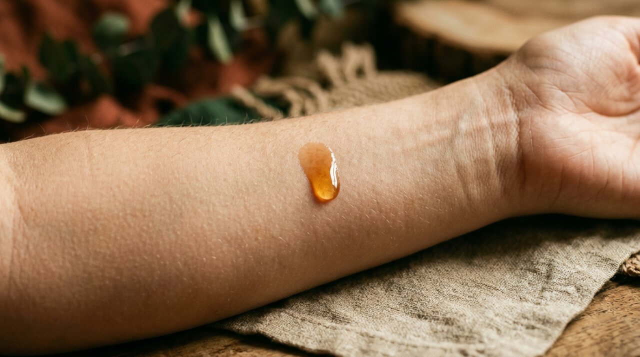 Single drop of kukui oil on skin surface showing its lightweight non-greasy texture and rapid absorption