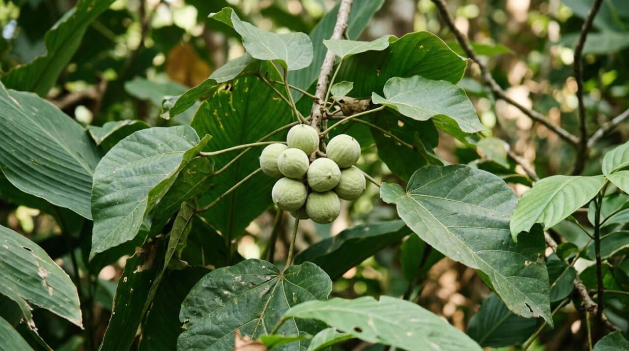 Candlenut kukui tree branches with round pale nuts in Balinese jungle setting showing the source of kukui oil's skin benefits