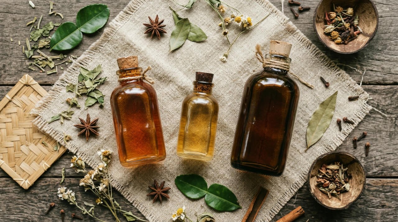 Three botanical face oil bottles in amber glass on linen cloth showing the difference between kukui oil argan oil and coconut oil