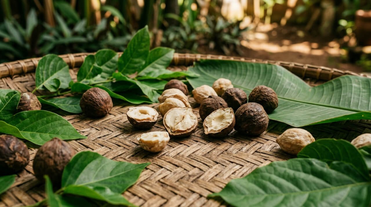 Whole and halved kukui candlenuts on woven rattan mat showing the raw source material for quality cold-pressed kukui oil
