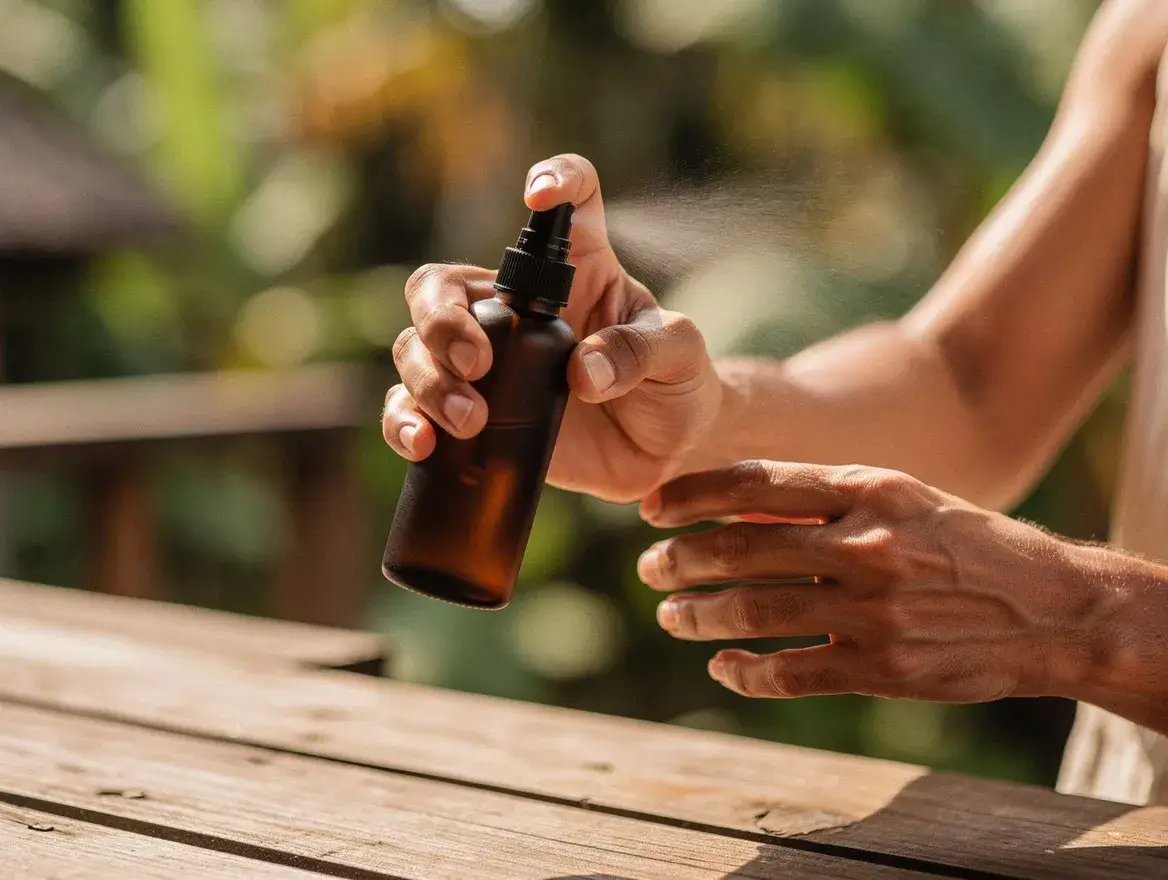 applying natural bug repellent spray to skin outdoors