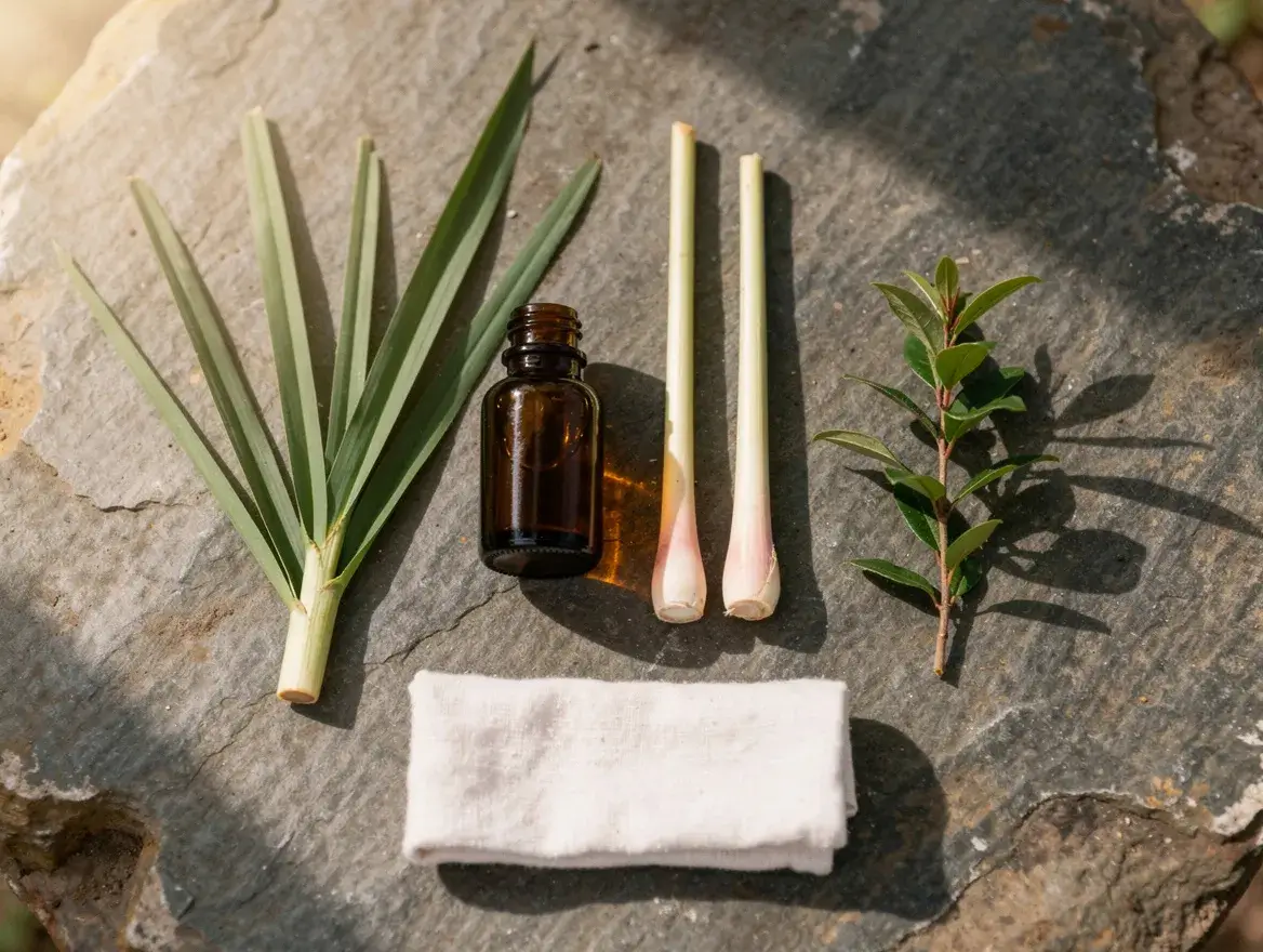natural bug repellent essential oils and plant ingredients flat lay