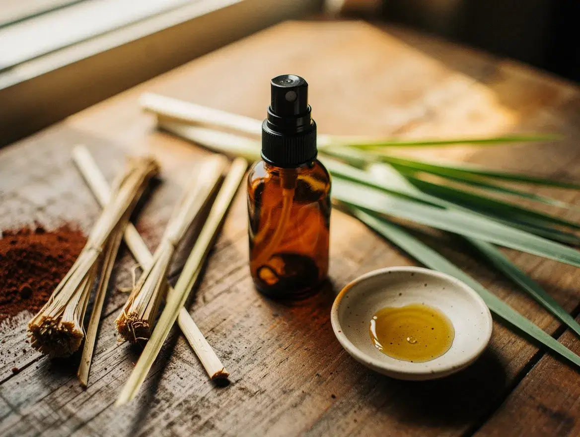 natural bug repellent bottle with botanical ingredients on wooden surface