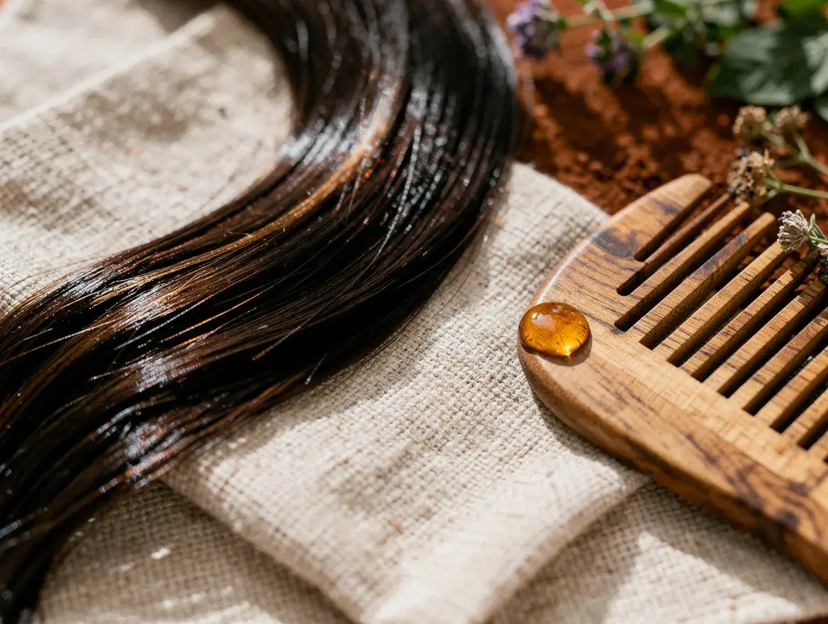 healthy shiny hair with natural oil and wooden comb on linen