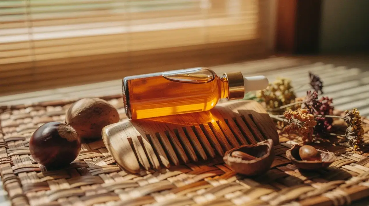 natural hair oil in glass dropper bottle with kukui nuts and botanicals on rattan
