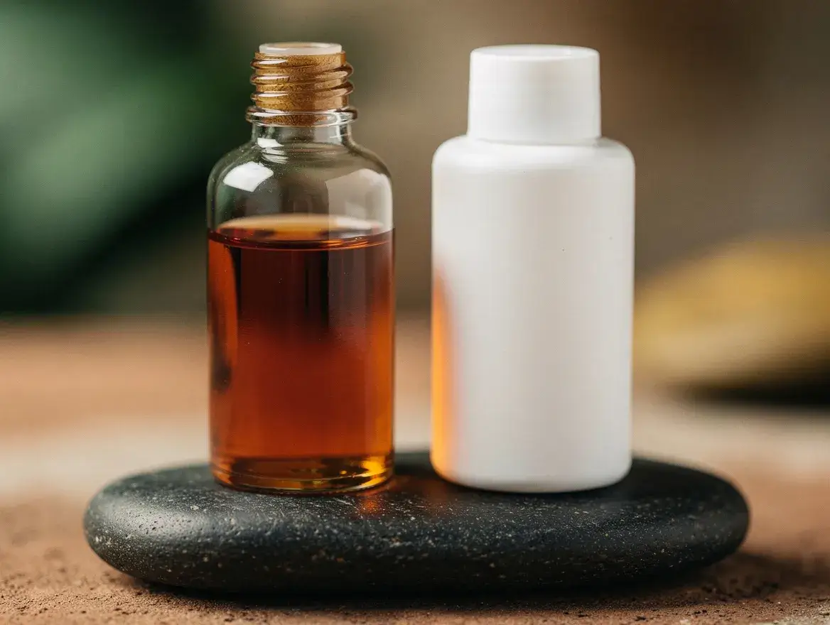 natural hair oil versus synthetic hair product comparison flat lay