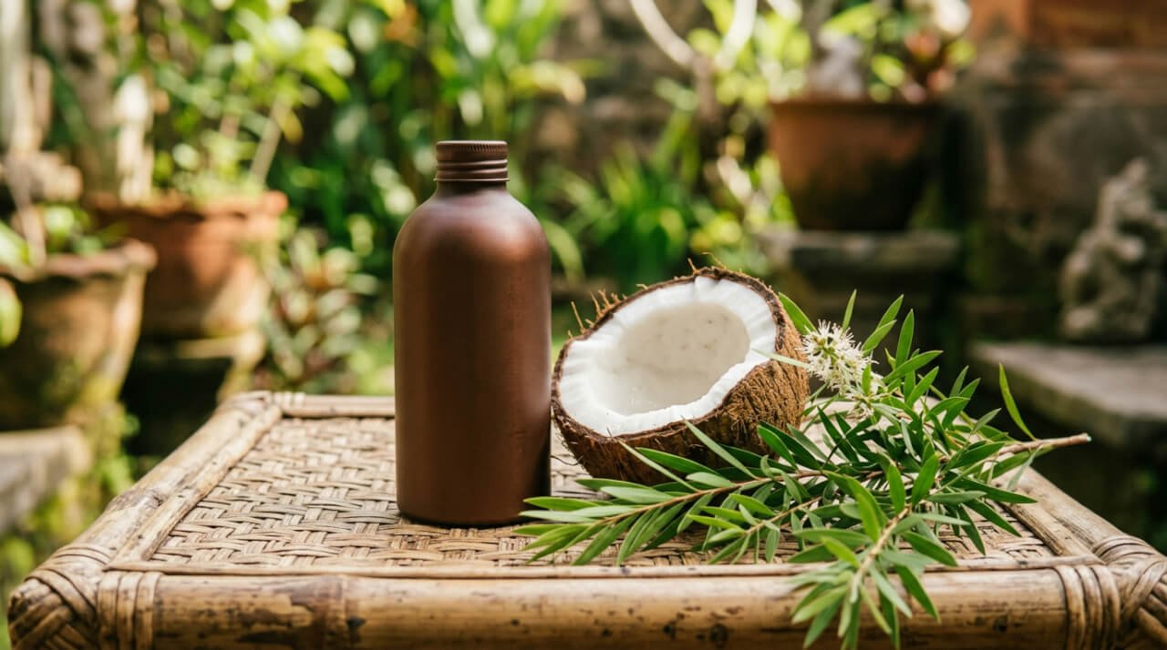 Natural shampoo bottle with tea tree and coconut Balinese ingredients