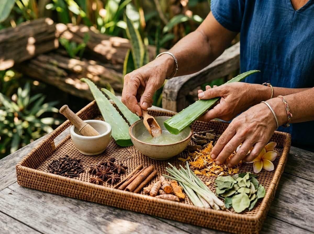 Balinese after-sun botanical ritual ingredients on a rattan tray