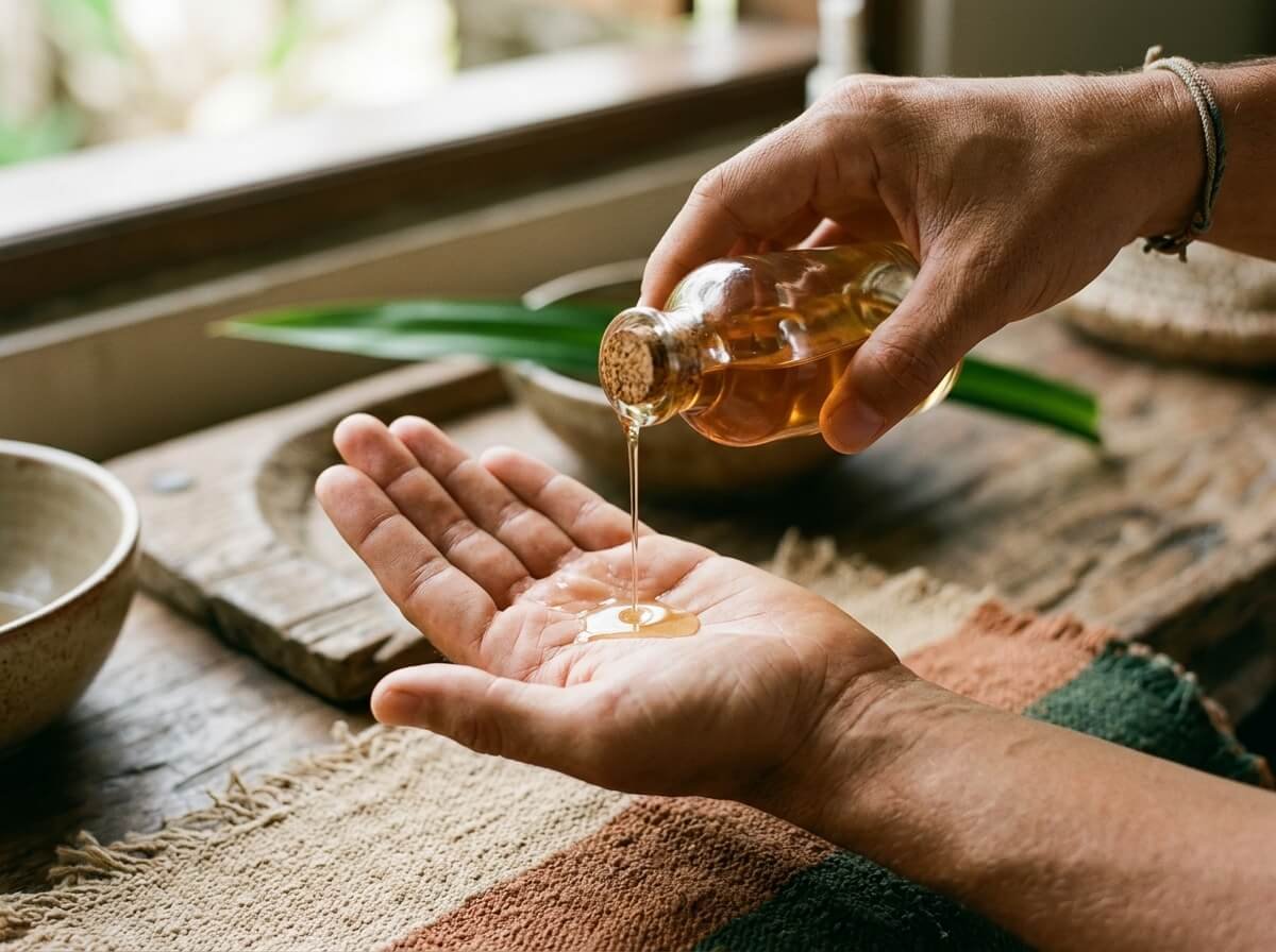 Pouring coconut oil, a plant fat used to restore skin after sun exposure