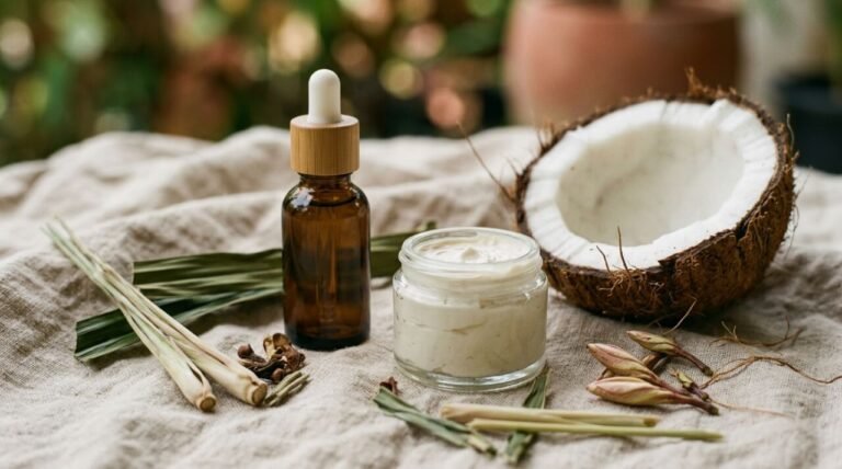 Natural sunscreen ingredients laid out with botanical skincare on linen