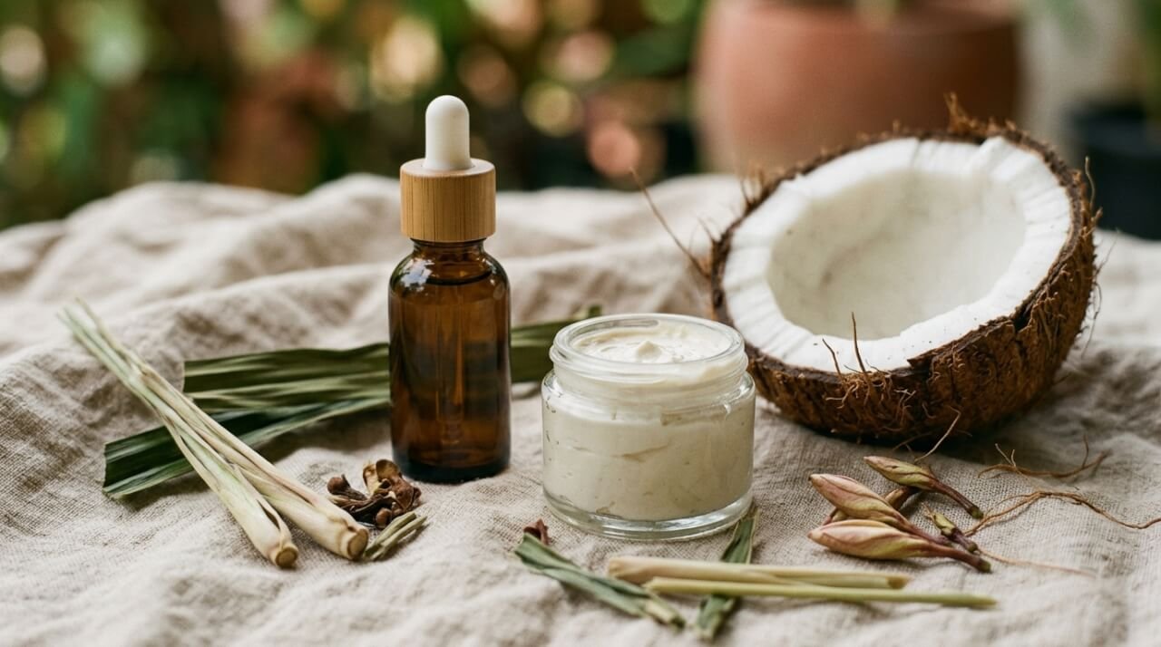 Natural sunscreen ingredients laid out with botanical skincare on linen