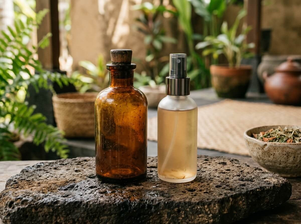 Old astringent toner bottle beside a modern hydrating toner mist bottle