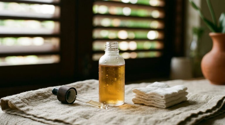 Natural toner in a glass bottle with cotton pads, Balinese bathroom ritual