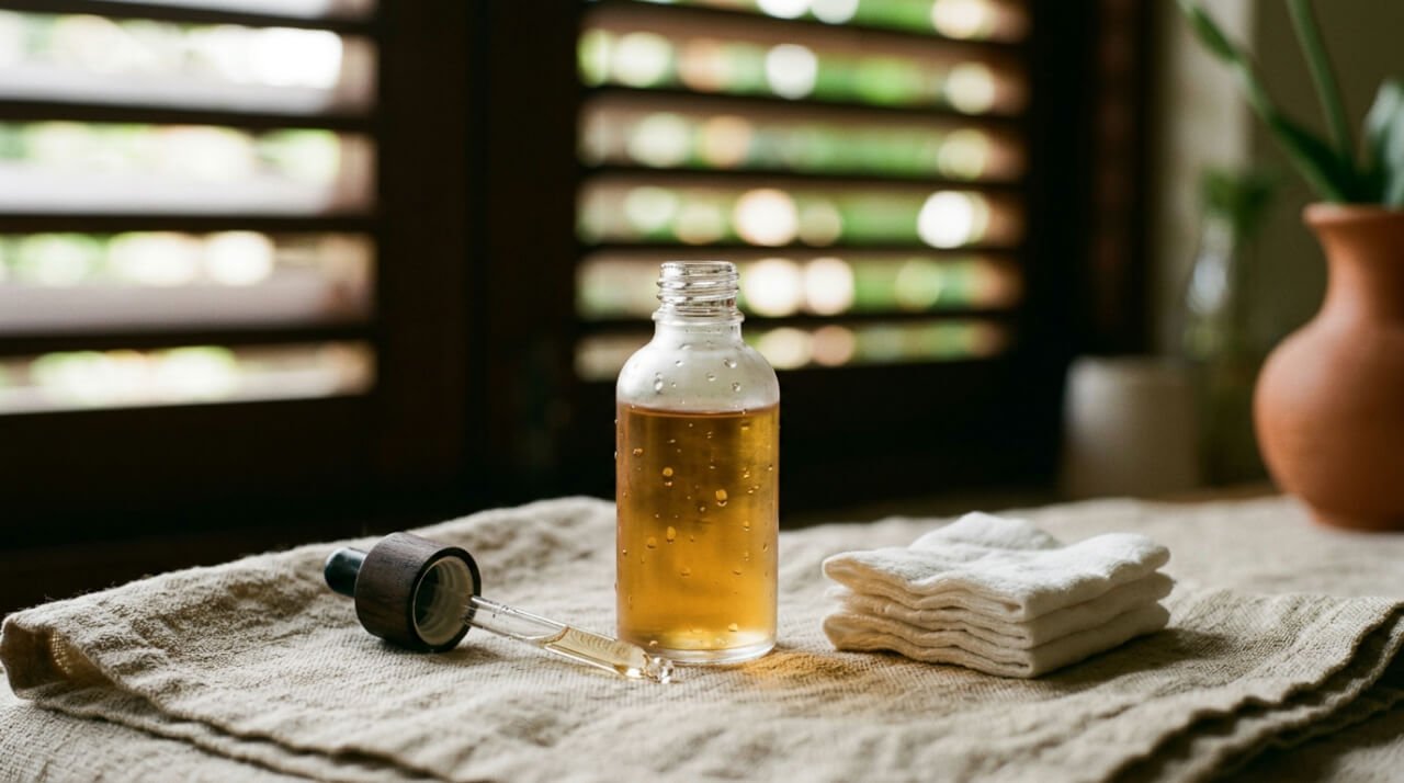 Natural toner in a glass bottle with cotton pads, Balinese bathroom ritual