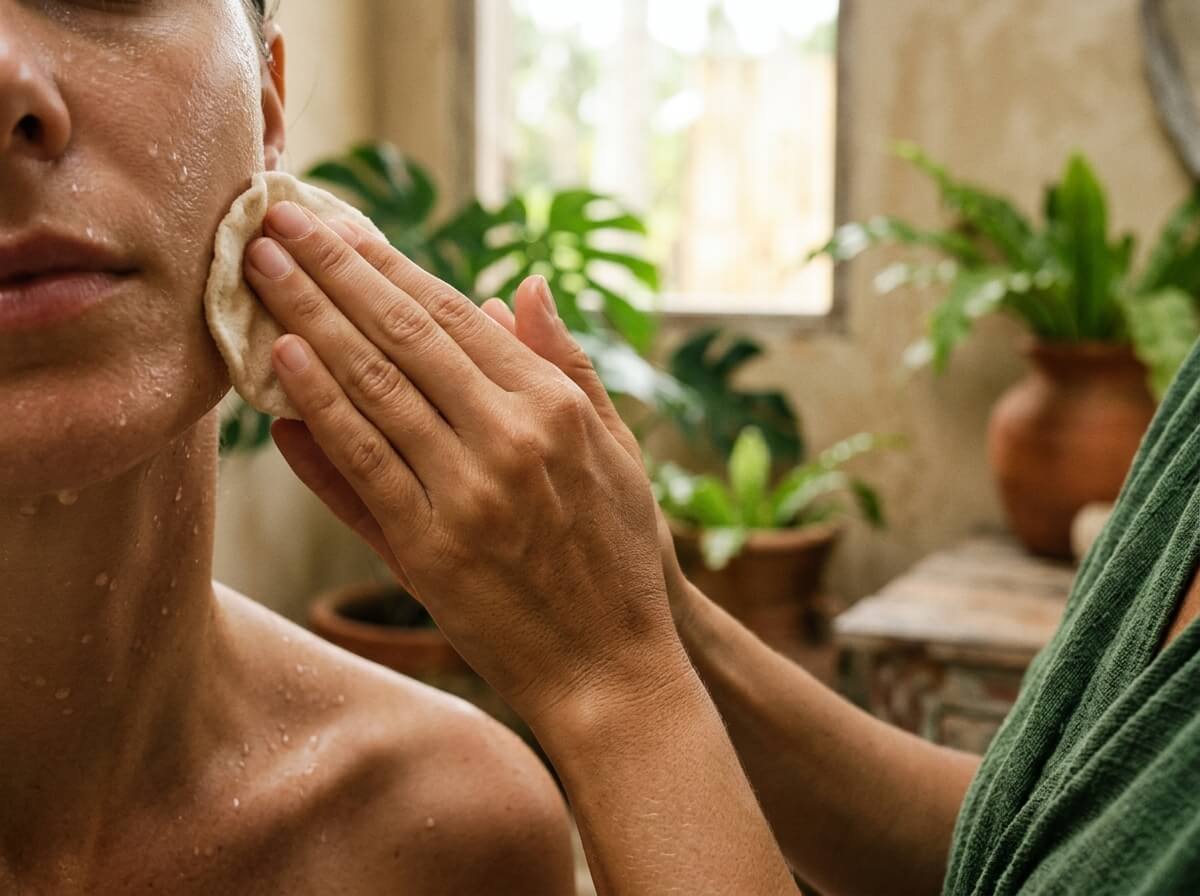 Applying natural toner to damp skin after cleansing