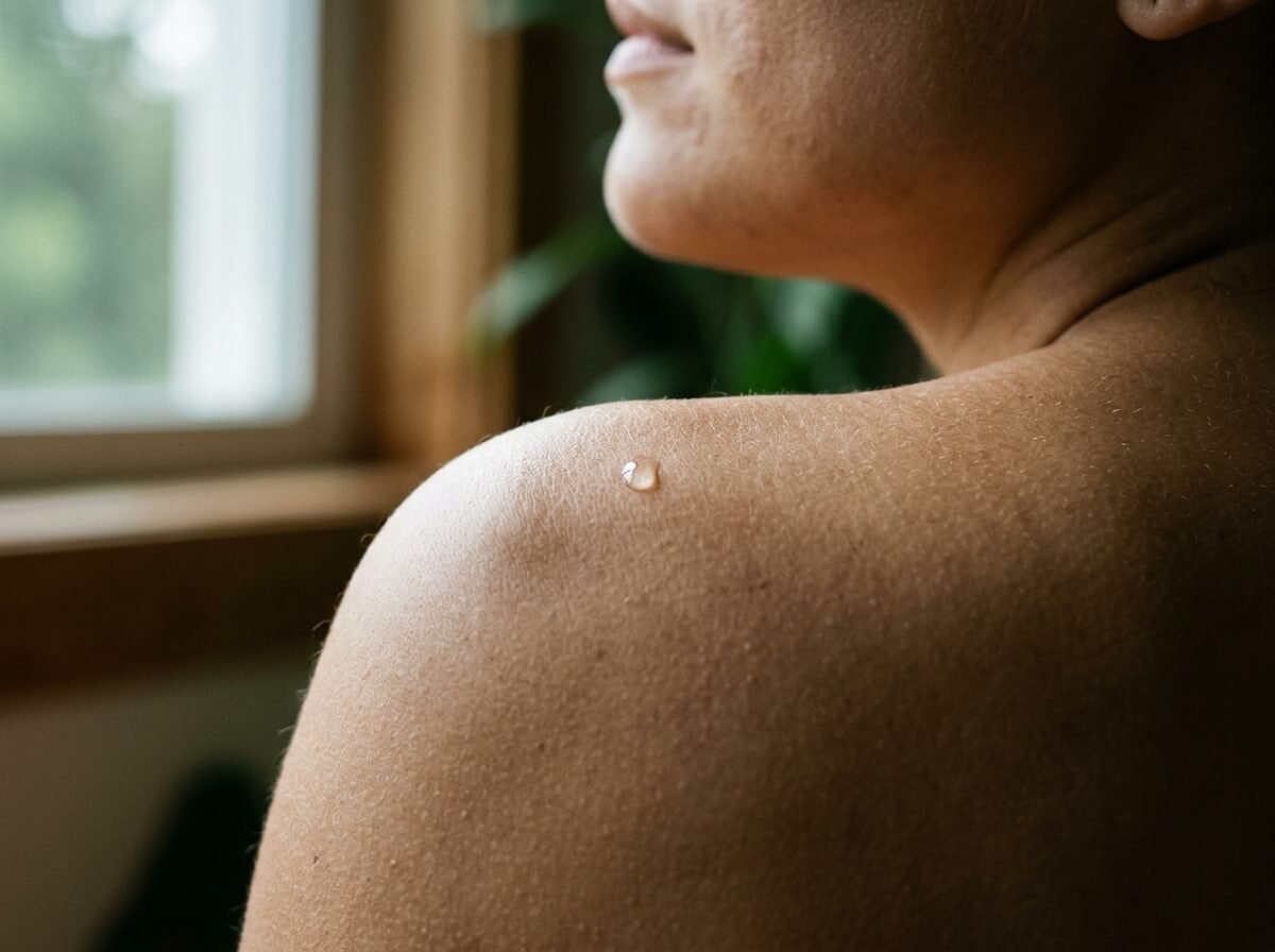 Water droplet resting on skin, illustrating the skin barrier self-restoring
