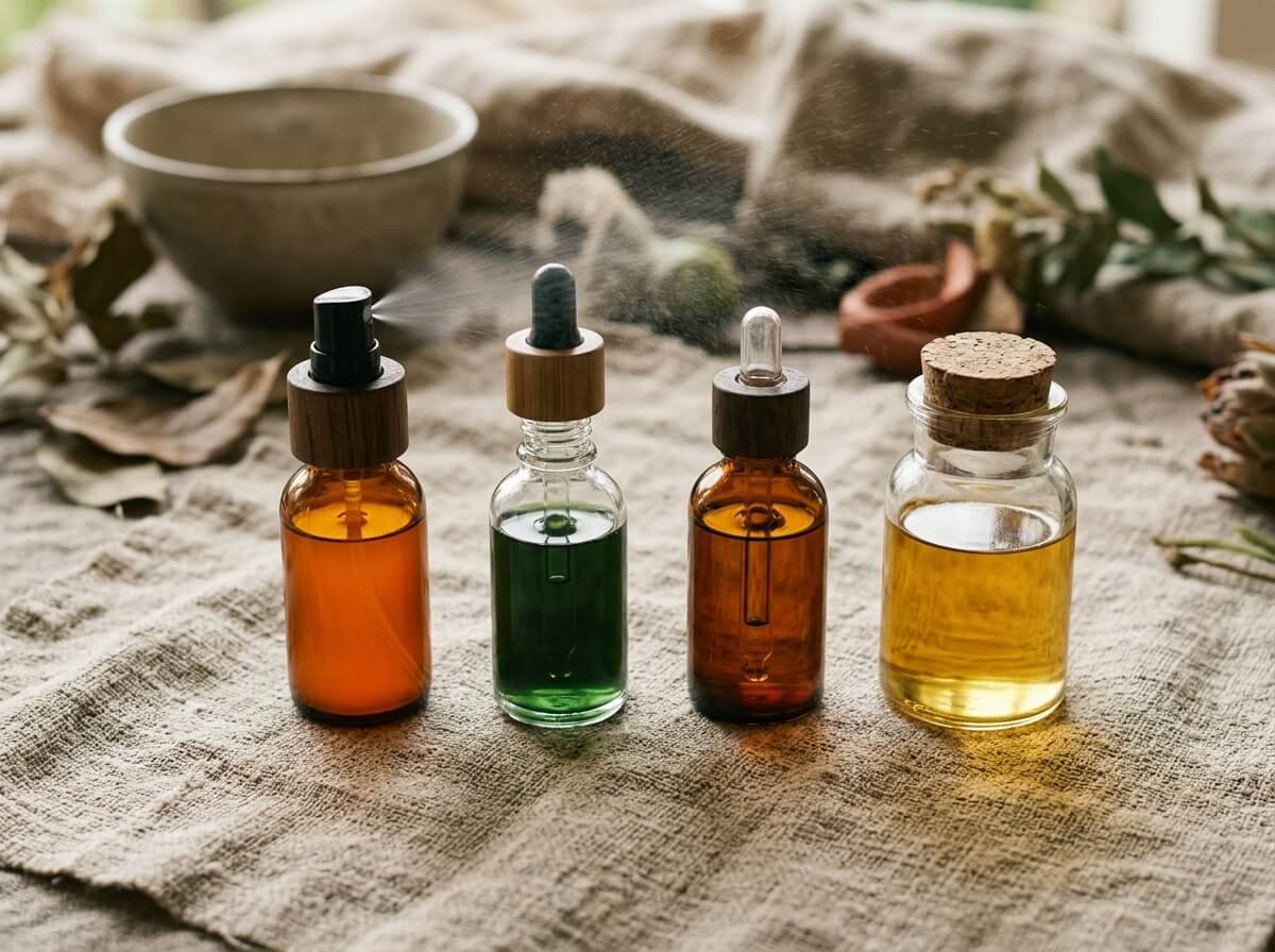Four botanical bottles comparing toner, essence, hydrosol, and facial mist textures