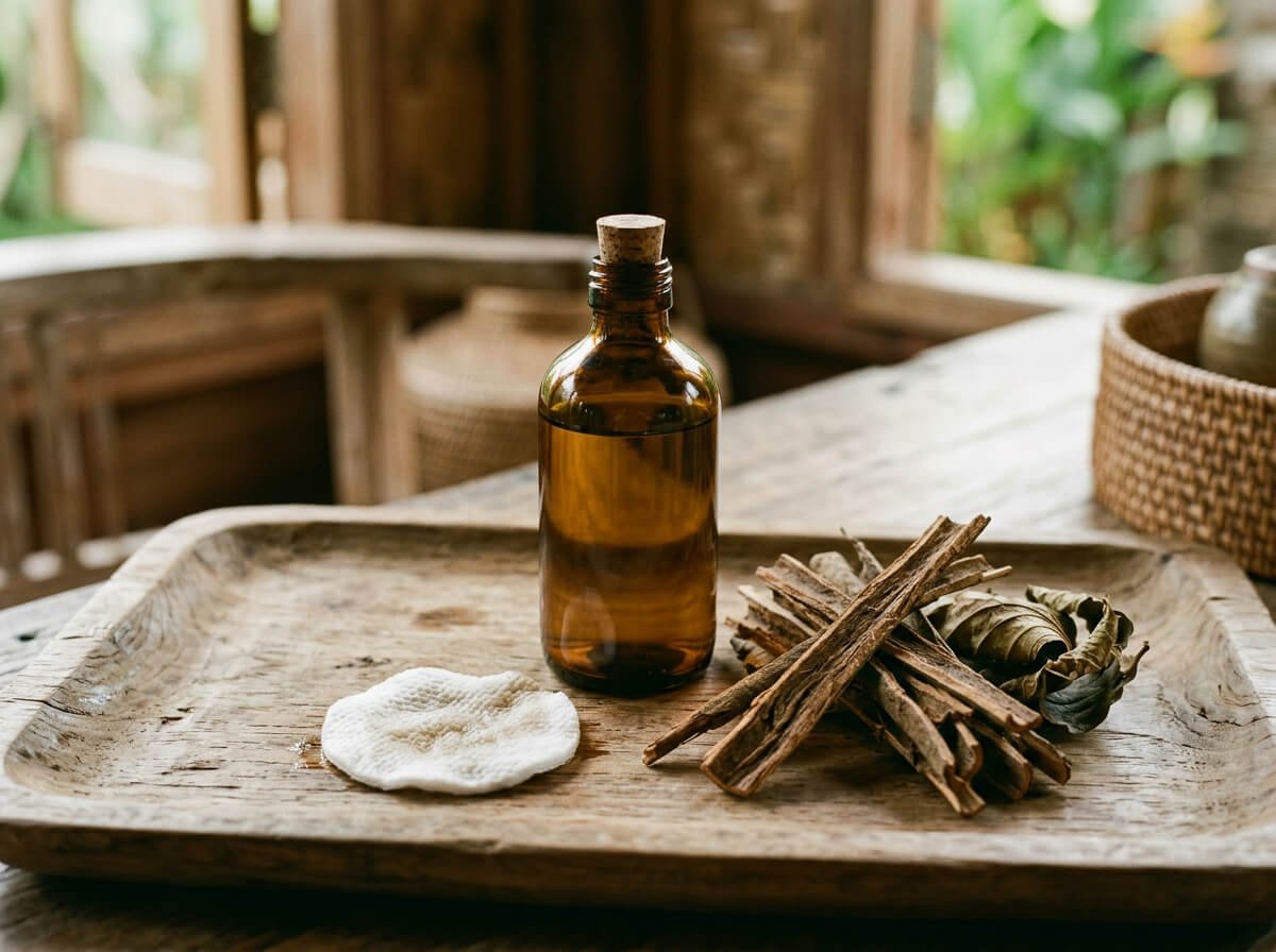 Witch hazel bottle with dried bark, the classic natural toner ingredient