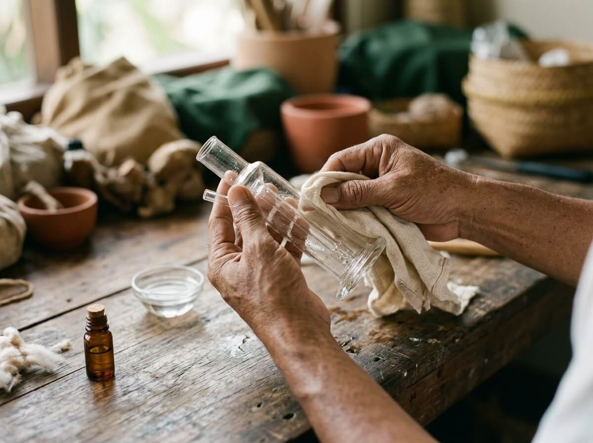 hands cleaning a glass nebulizing diffuser tube with a soft cloth