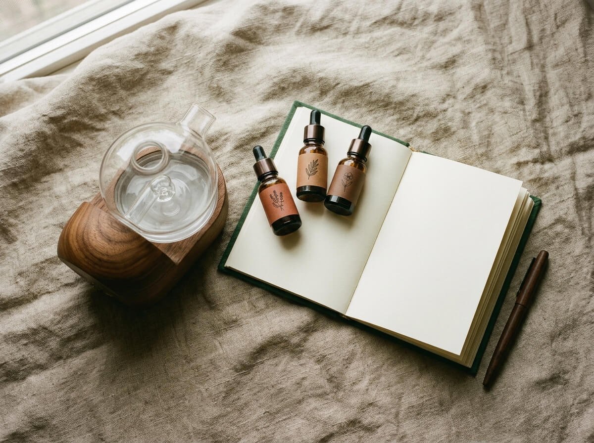flatlay of a nebulizing diffuser and essential oils for frequently asked questions
