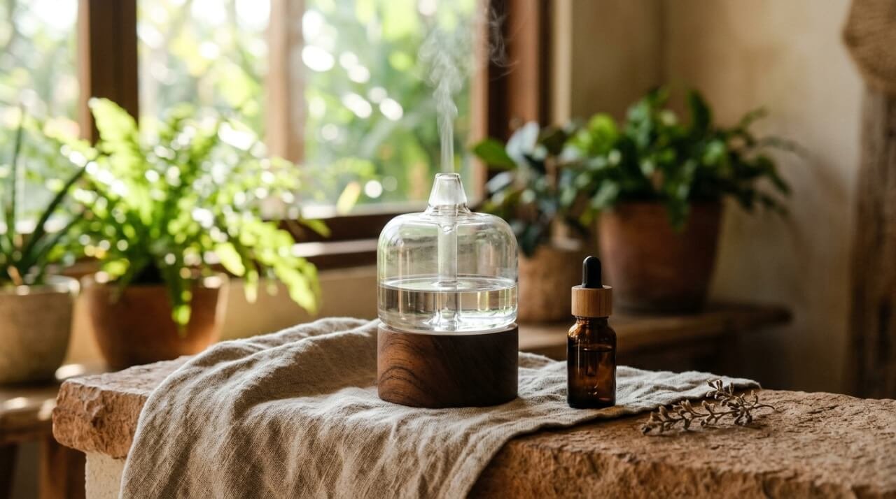 nebulizing diffuser releasing a fine mist of essential oil on a linen shelf