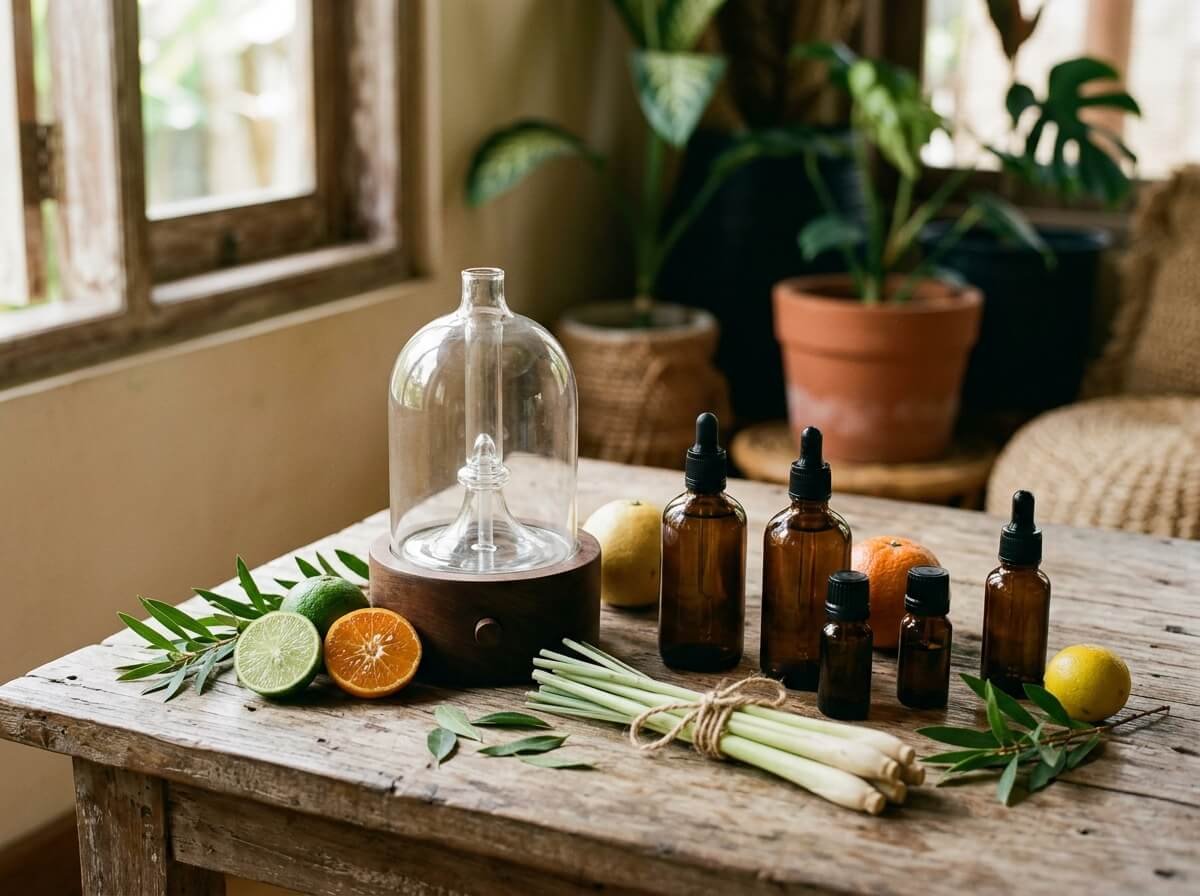 essential oils suited to a nebulizing diffuser arranged on a table