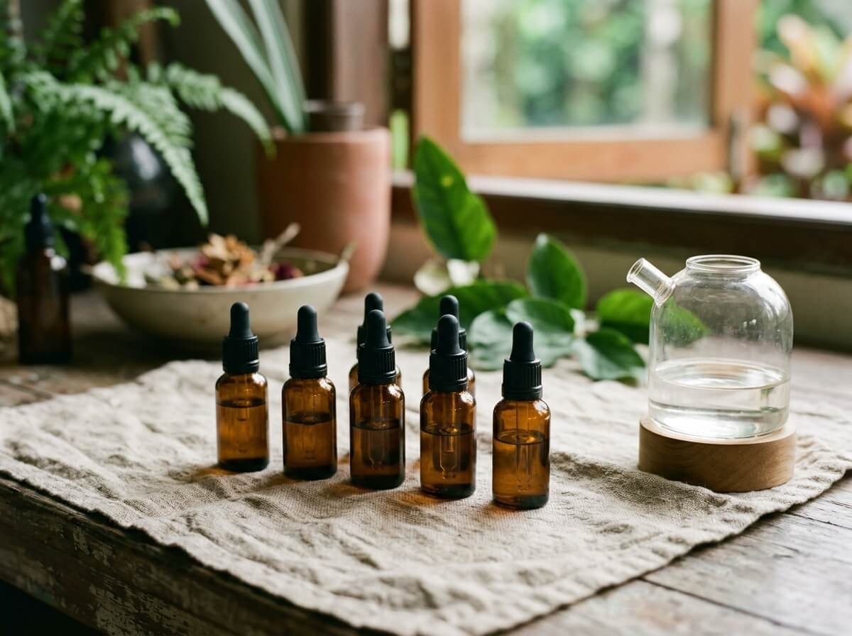 amber essential oil bottles arranged safely beside a diffuser