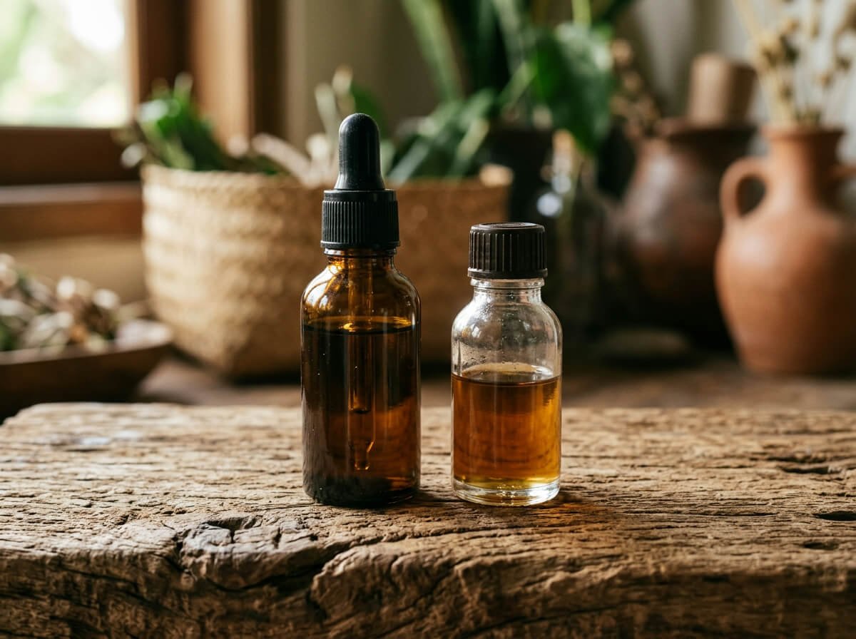 carrier oil and essential oil bottles side by side
