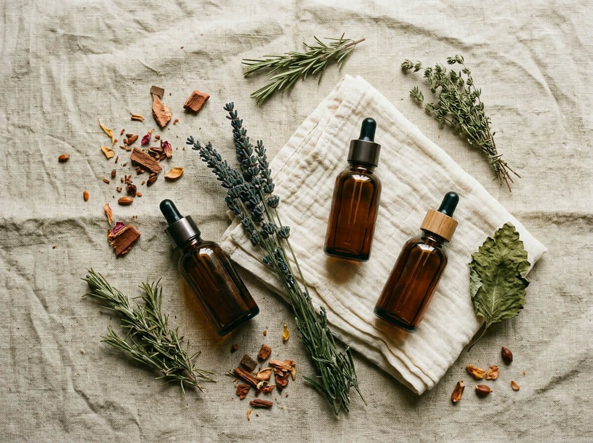 flat lay of facial oils and dried botanicals for frequently asked questions