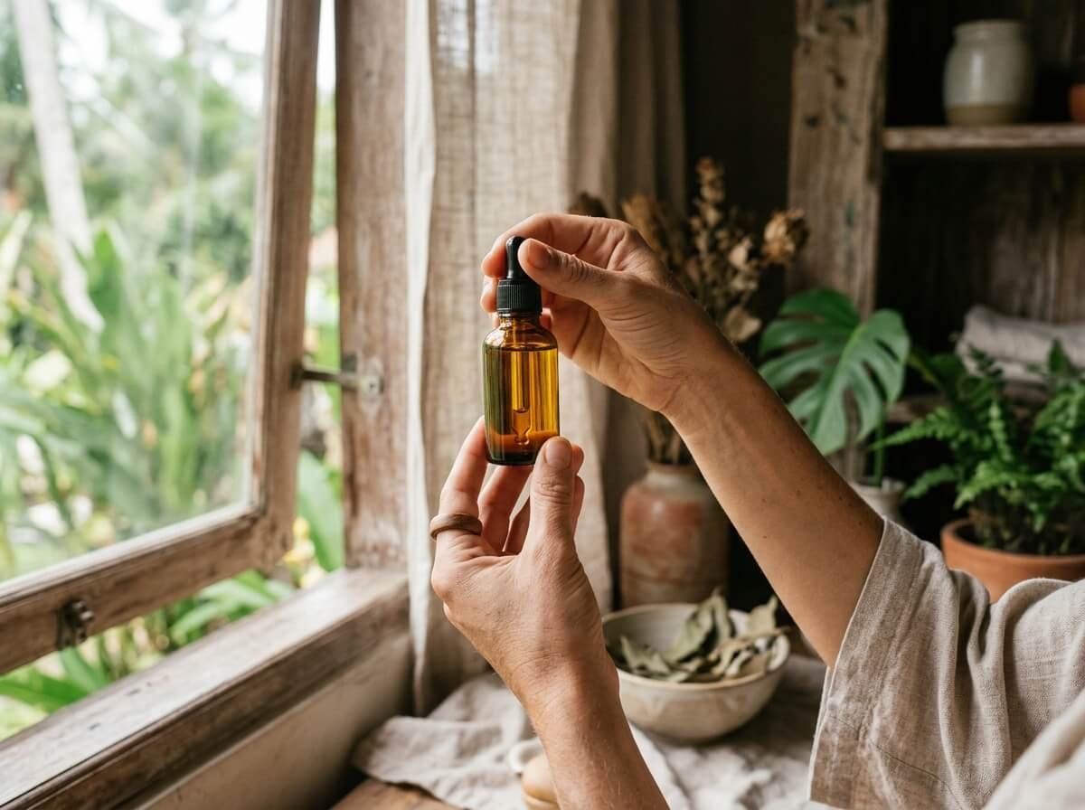 examining a bottle of facial oil in natural light