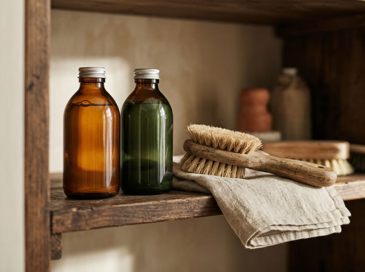 plastic free cleaning cupboard with refillable glass bottles