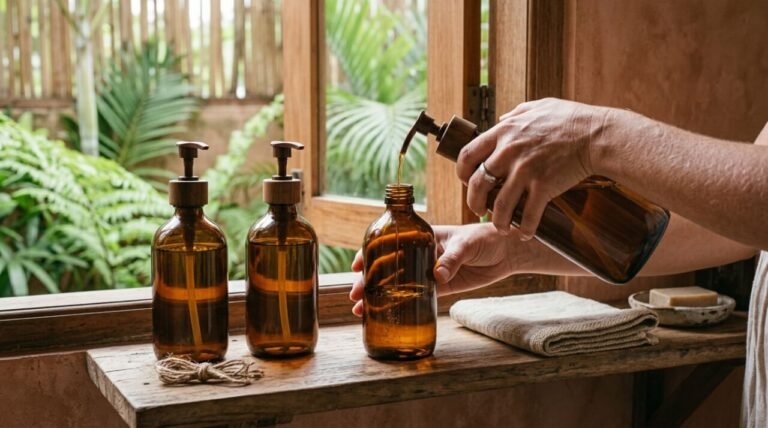 plastic free bathroom refill station with amber glass bottles