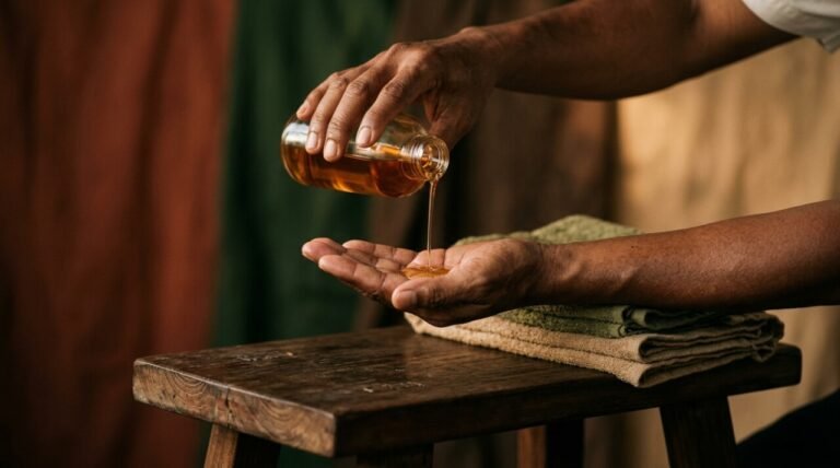 romantic massage oil for couples poured into open hands before a home ritual