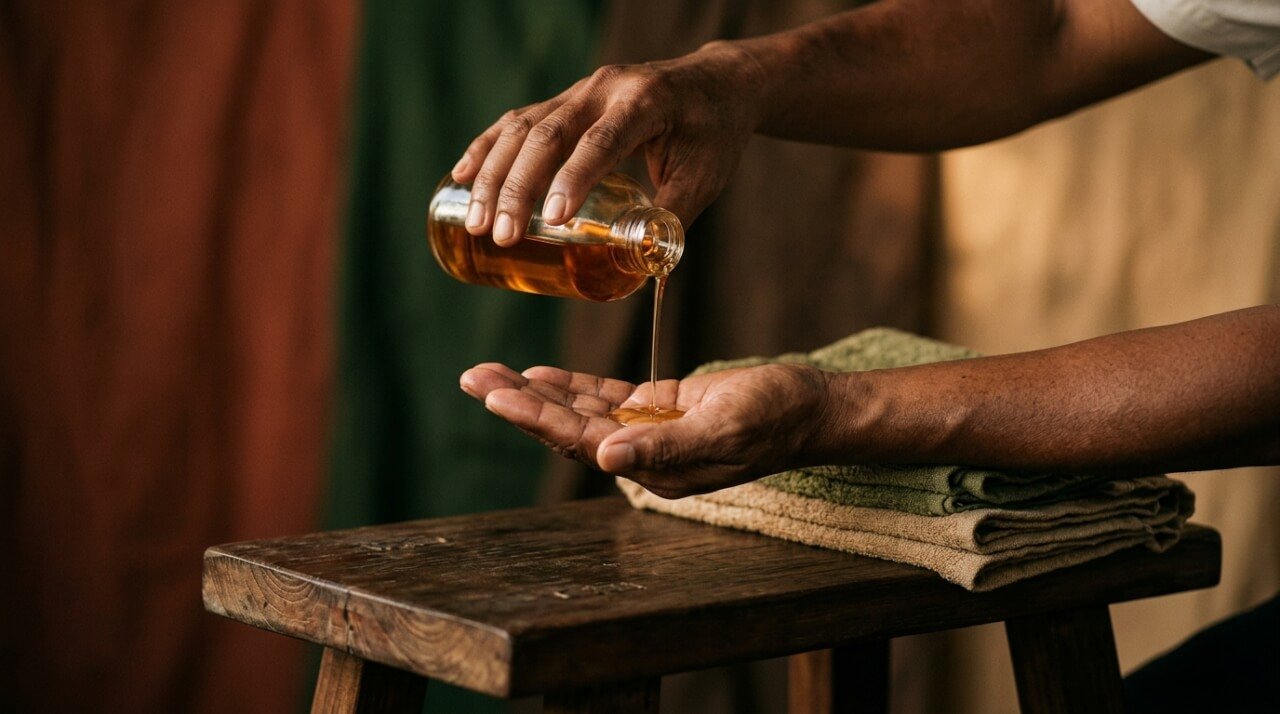 romantic massage oil for couples poured into open hands before a home ritual