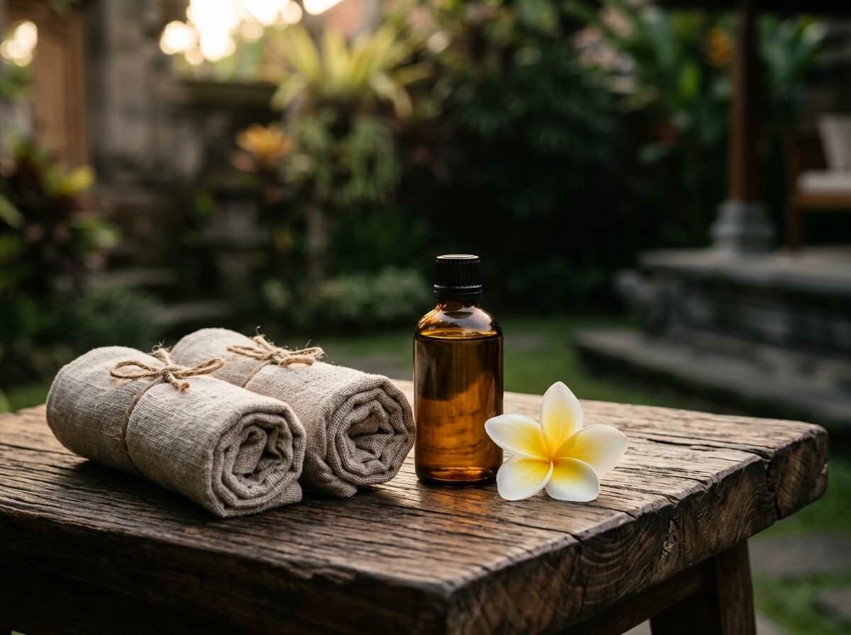a home massage ritual setup with body oil and frangipani flower