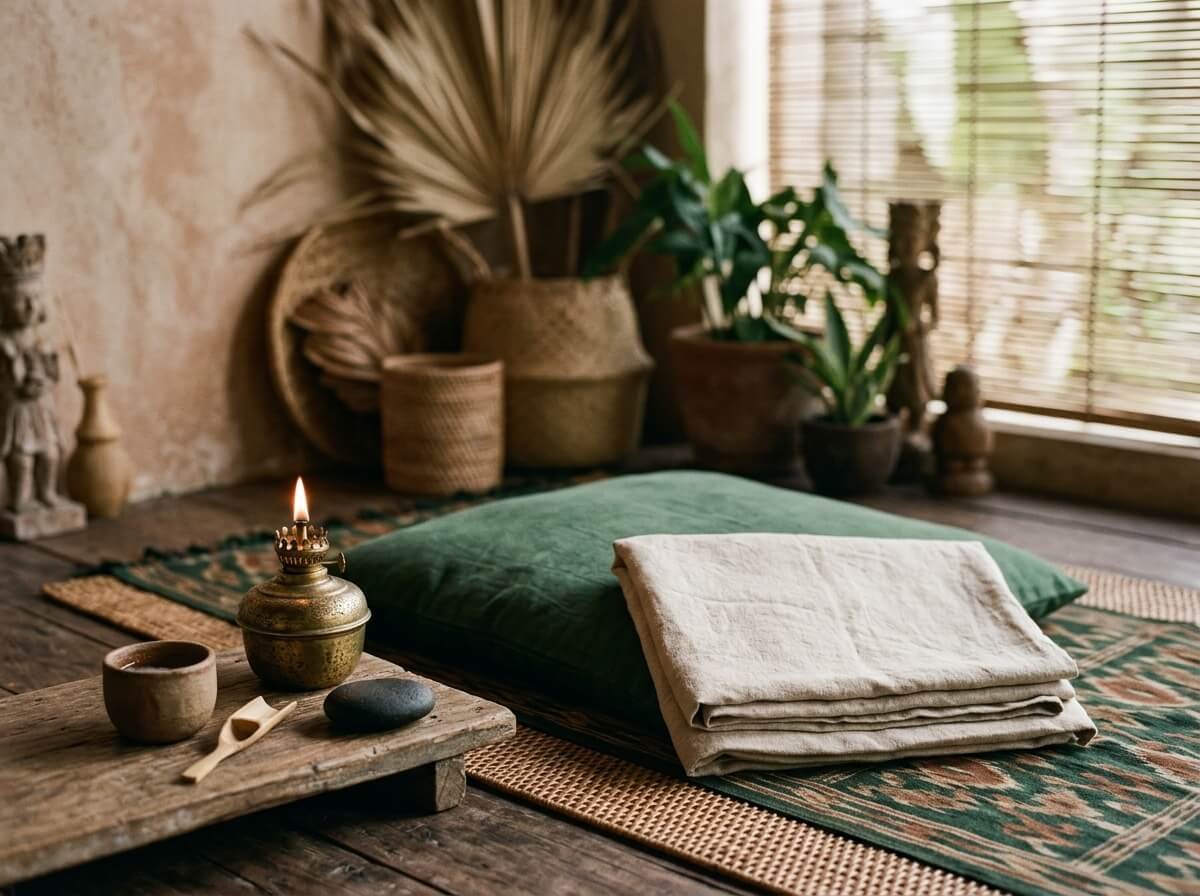 a warm, softly lit room prepared for a couples massage ritual