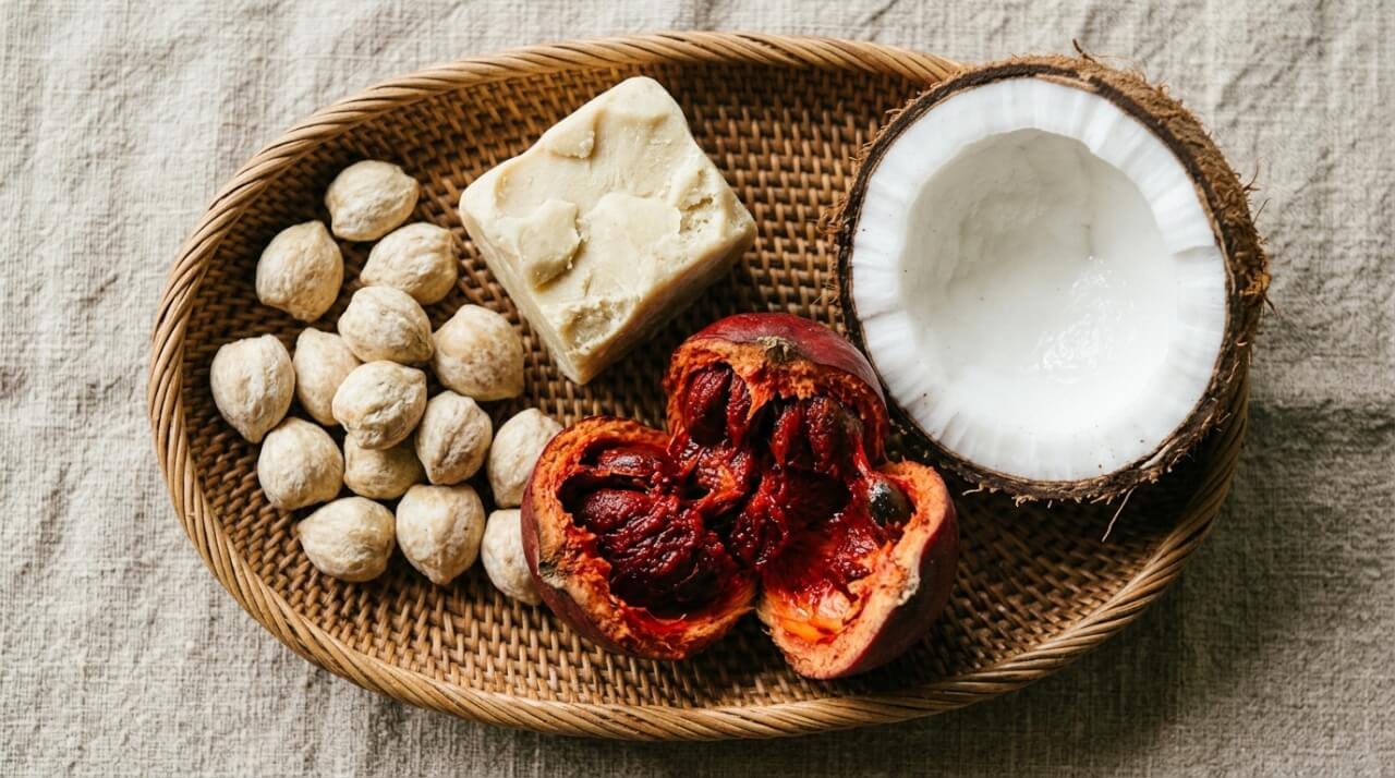 Seed oil free skincare ingredients: kukui, illipe butter, Buah Merah, and coconut