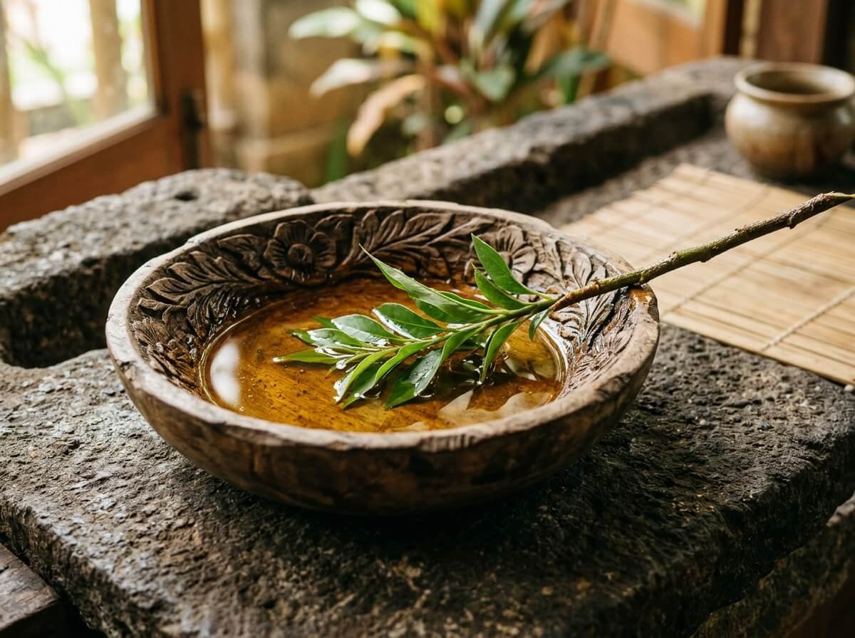 Balinese skincare ritual, botanical oil in carved wooden bowl on stone surface, warm natural light