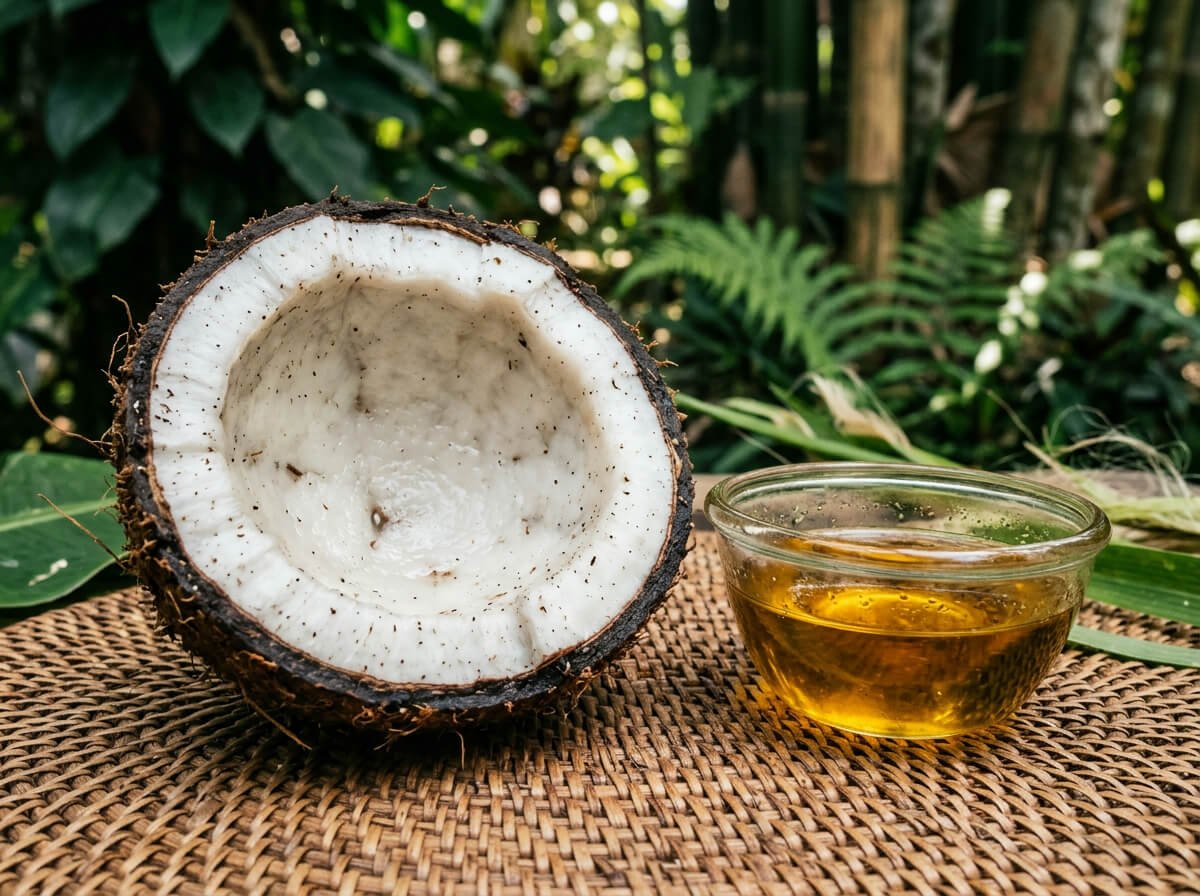how to layer skincare with botanical oils, coconut and plant oil on woven rattan, natural light