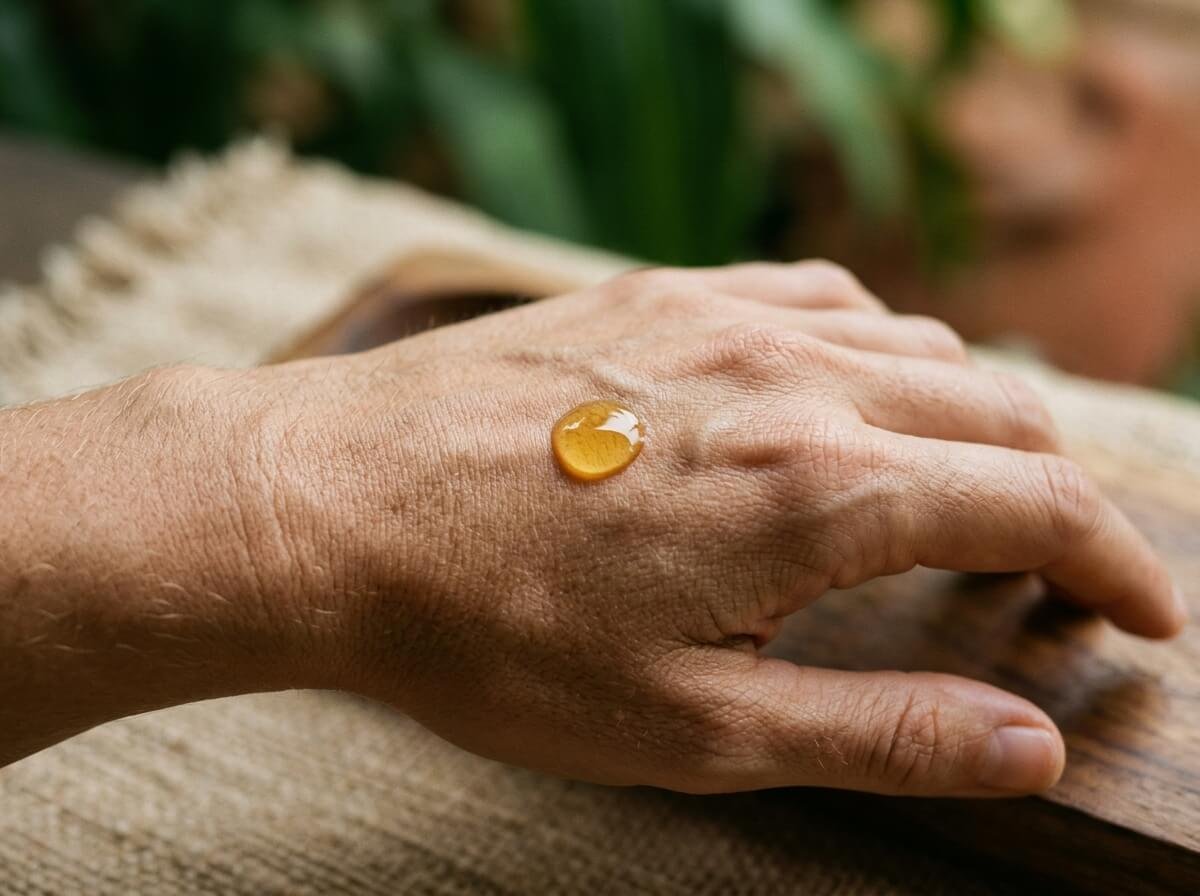 face oil step in skincare layering routine, one drop of botanical oil applied to skin, macro
