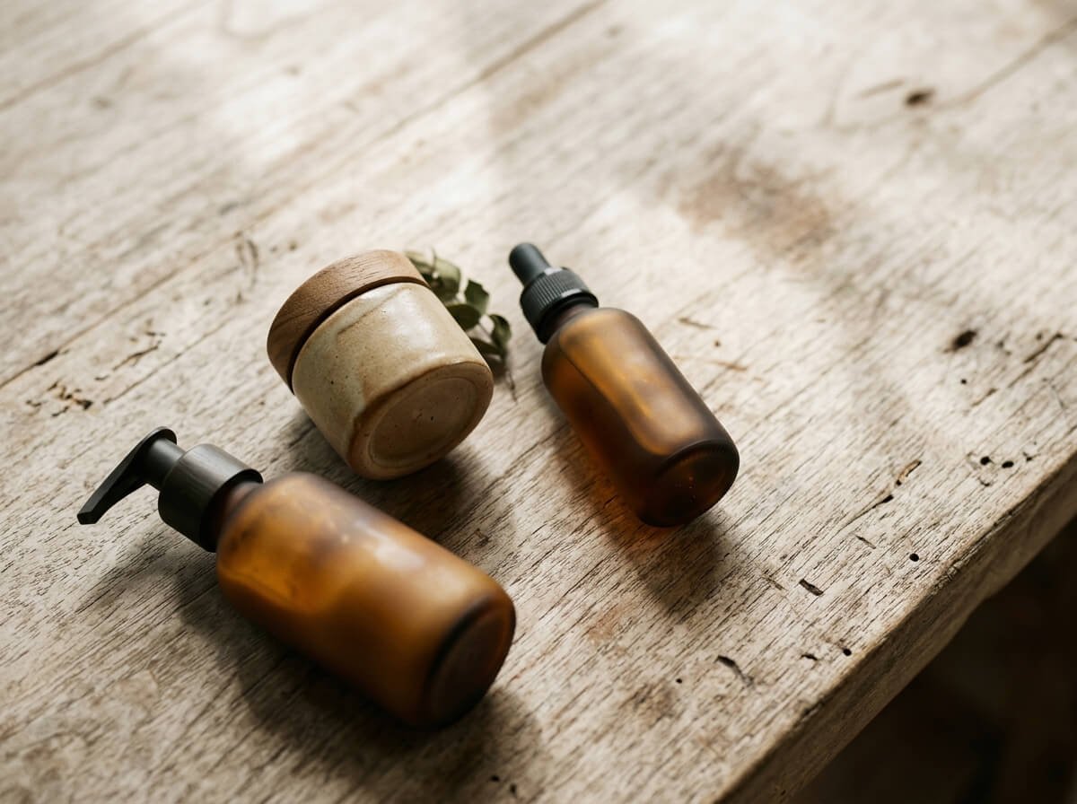 minimal natural skincare routine, two glass bottles and ceramic jar on aged wood, morning light