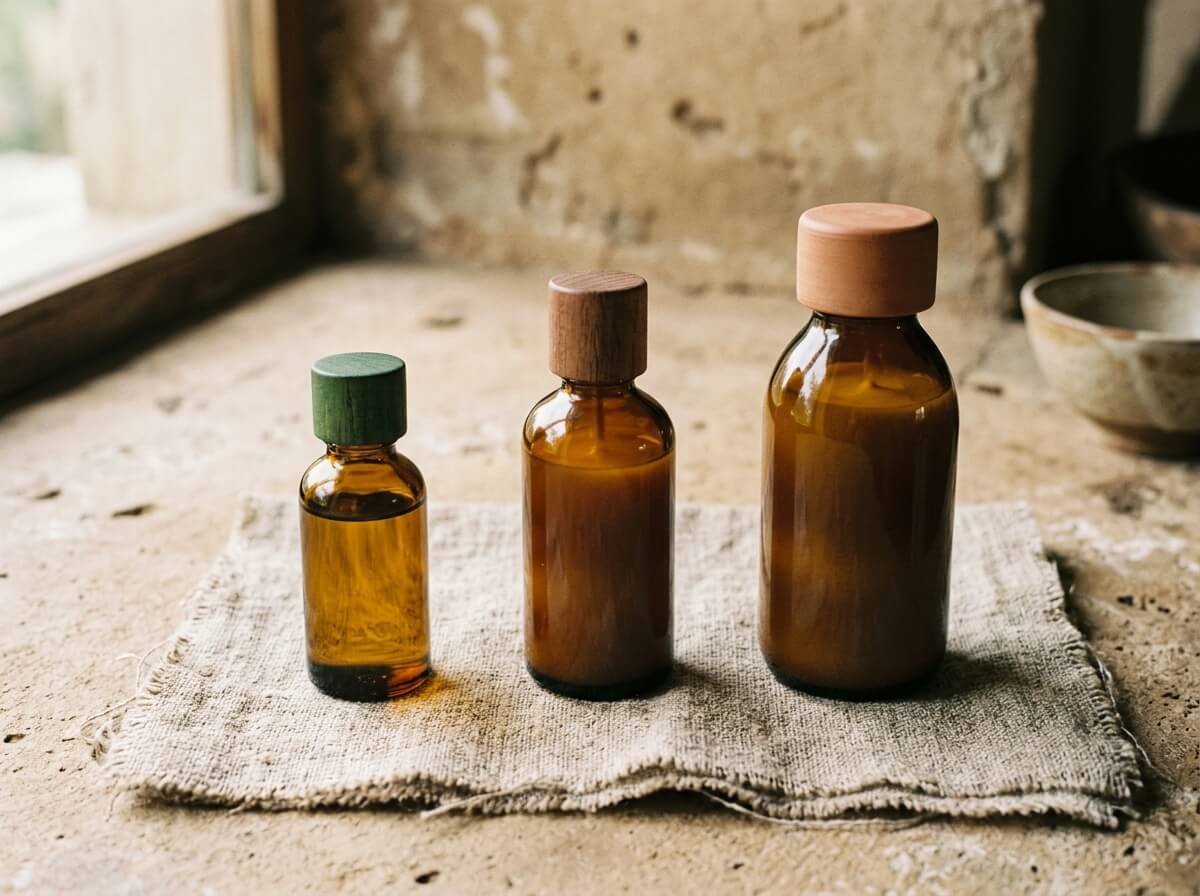skincare layering order, three bottles arranged from smallest to largest on linen surface