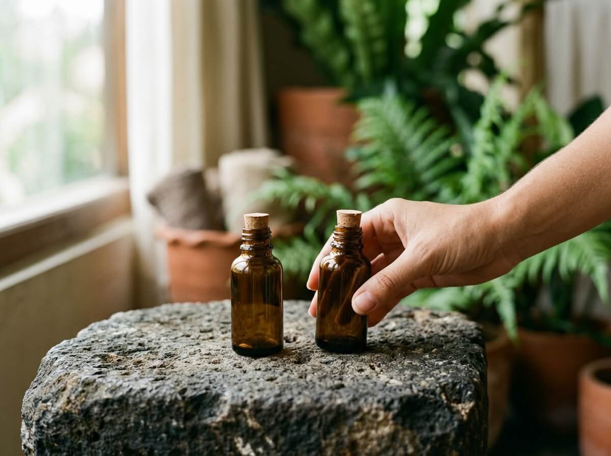 natural skincare layering, glass bottles on stone surface, botanical order of application