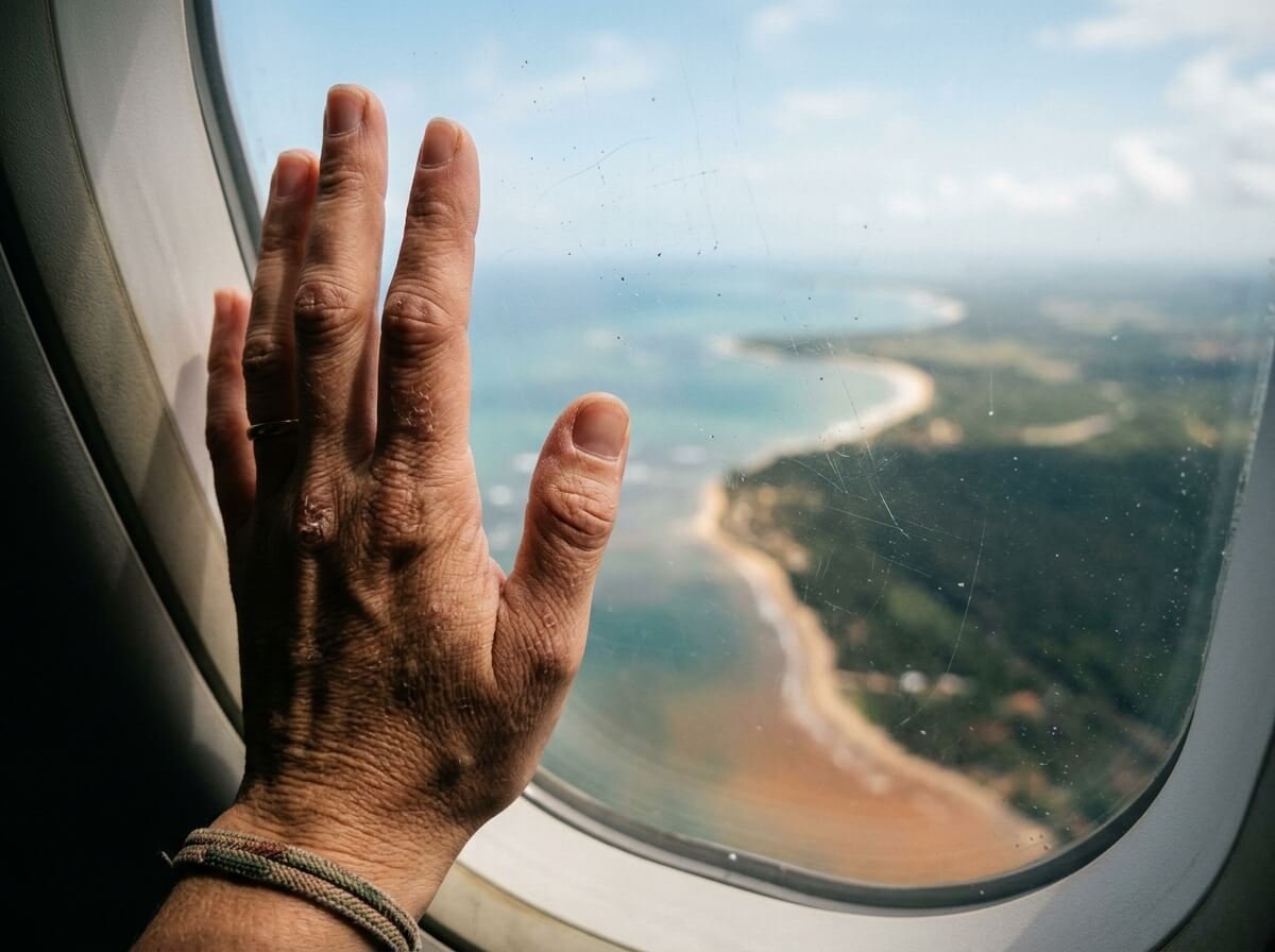 Hand resting on an airplane window between dry cabin air and humid destination