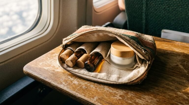 Travel skincare routine essentials packed into a small canvas pouch