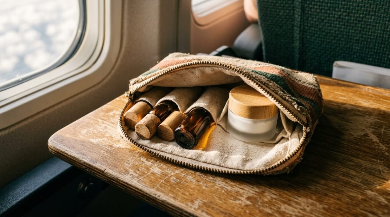 Travel skincare routine essentials packed into a small canvas pouch