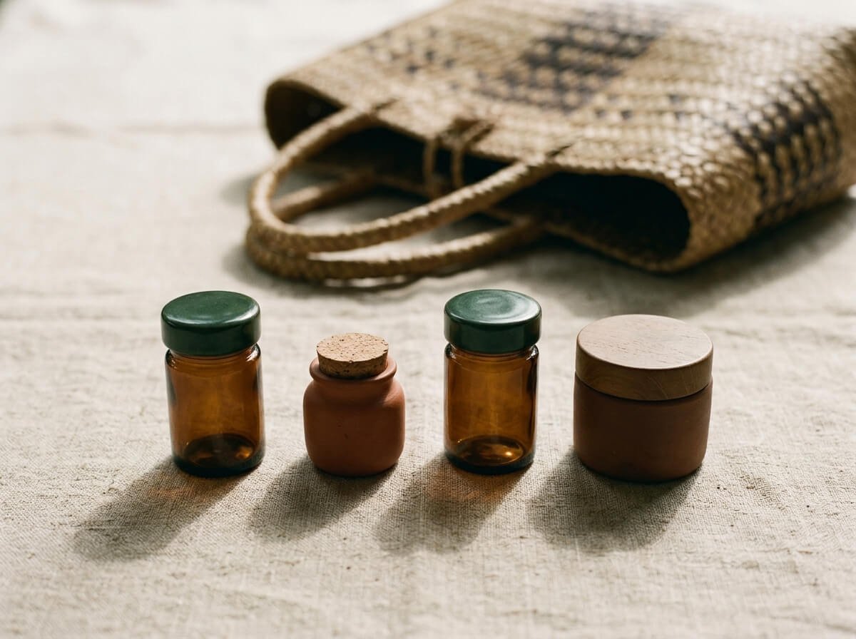 A minimal four-item travel skincare edit laid out on linen