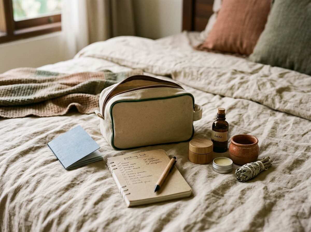 A simple travel skincare packing list laid out beside a canvas pouch