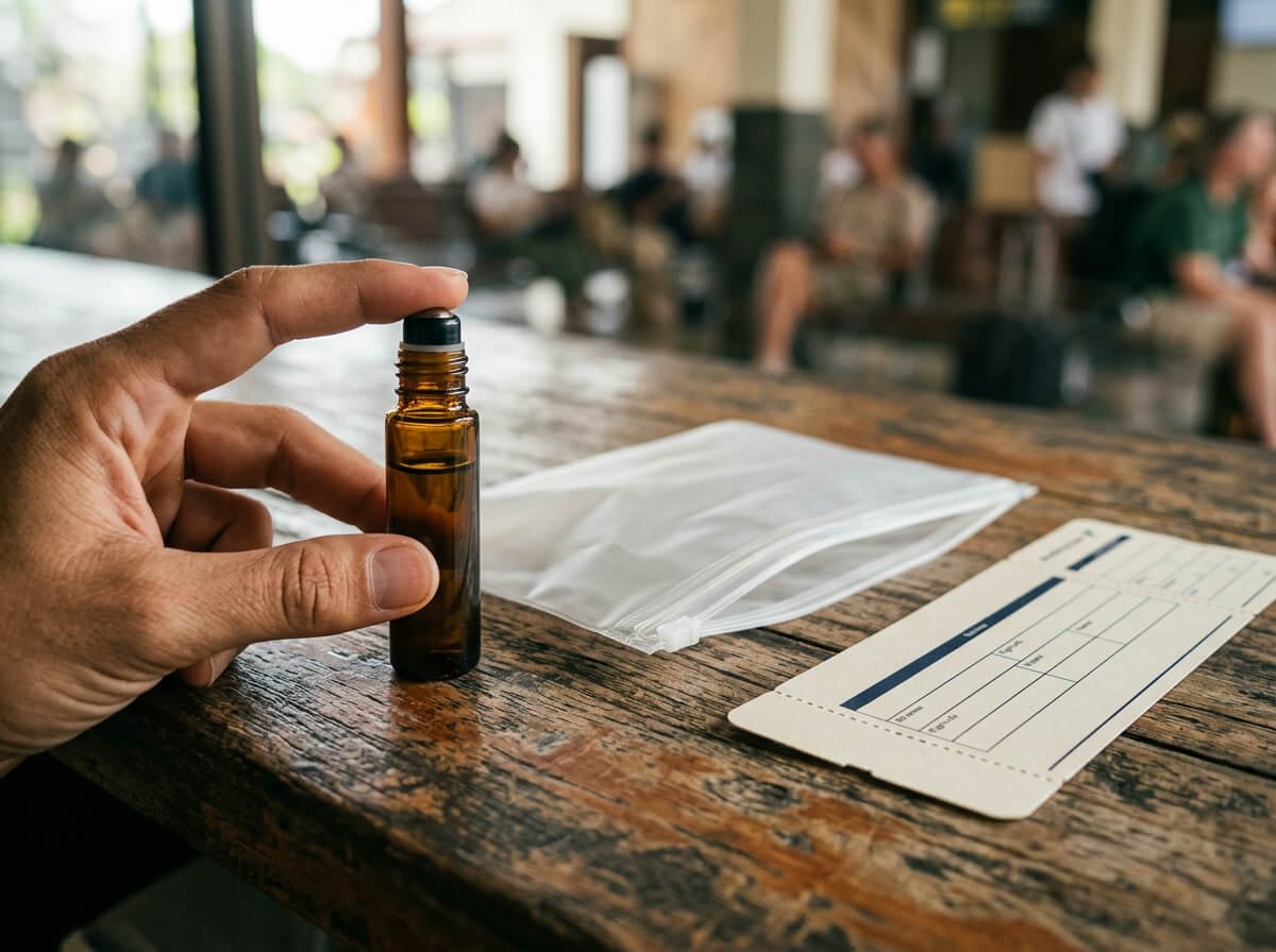 Pre-diluted essential oil roller shown as a TSA-safe travel format