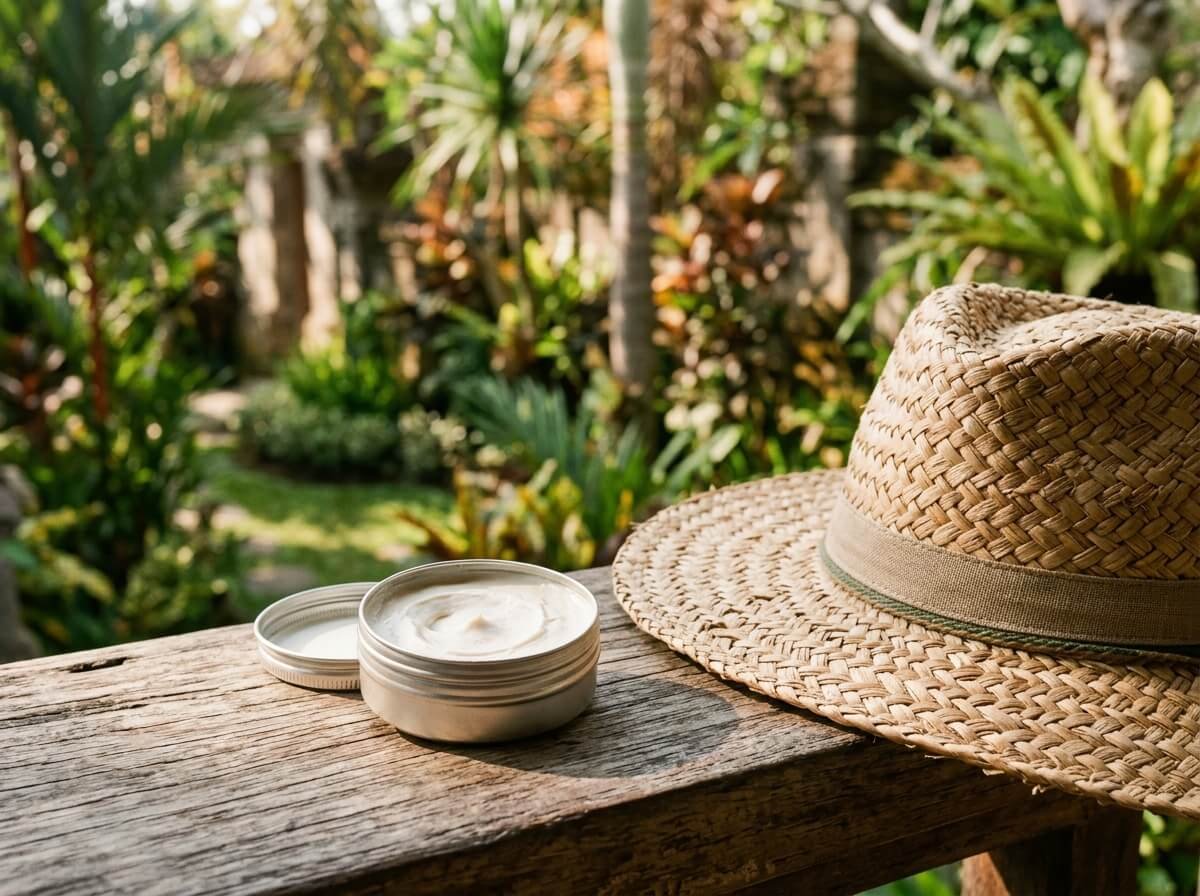 Natural mineral sunscreen tin ready before a tropical morning outing